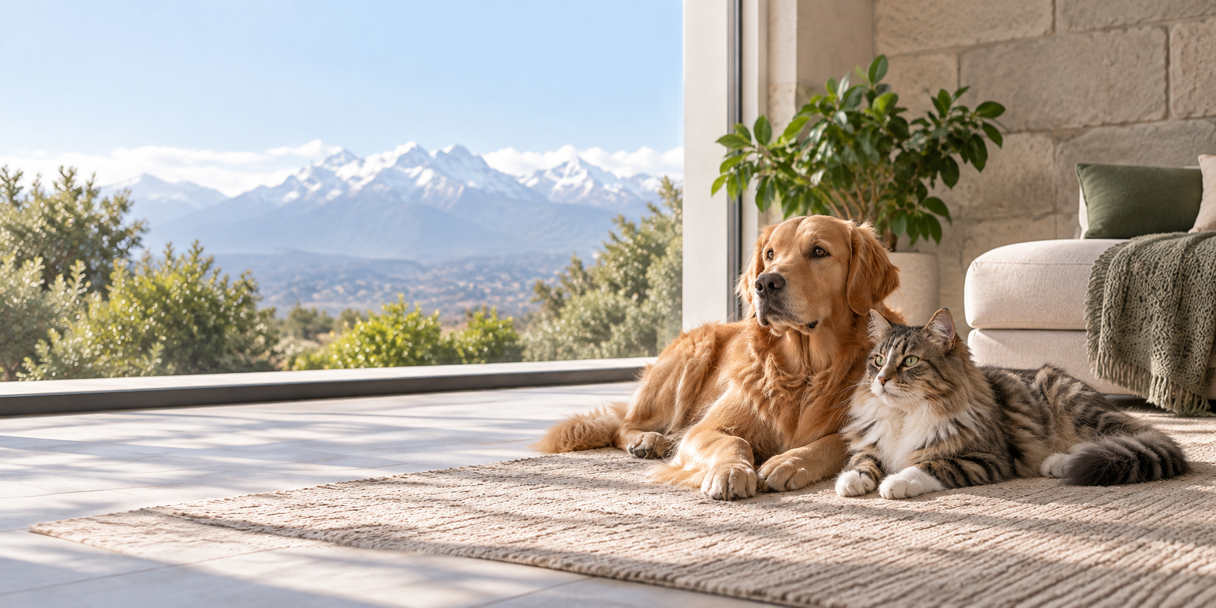 A healthy dog and cat resting together with the Andes in the background